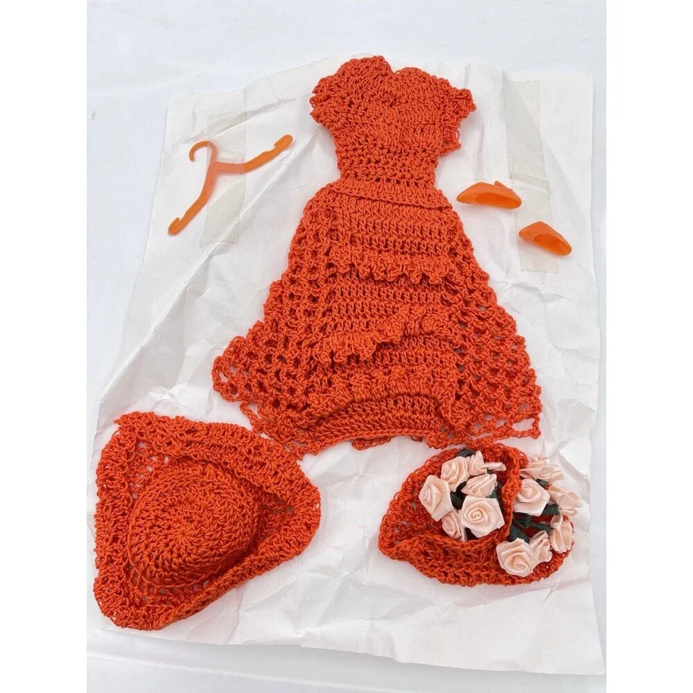 Vtg New Handmade Crocheted Orange Dress, Barbie Size With Hat, Purse, Shoes